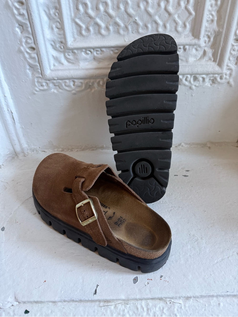 Birkenstock Papillio Brown Suede Platform Clogs - Picture 2 of 4